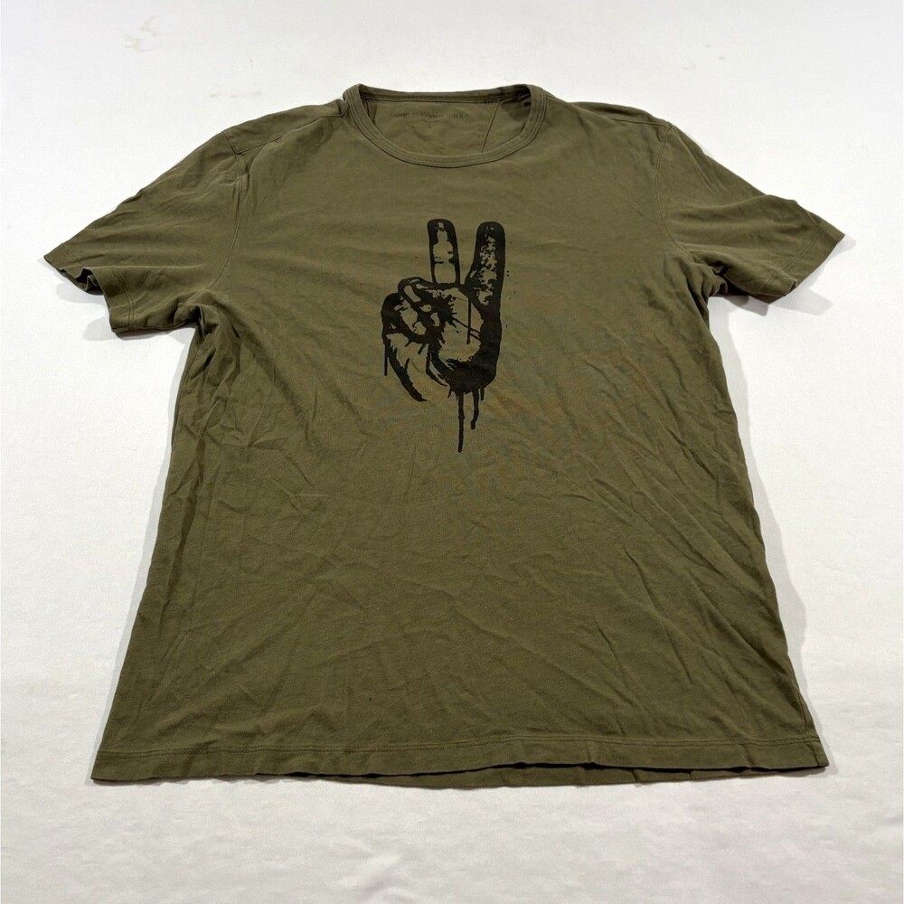 John Varvatos Mens Green Crew Print Graphic Peace Sign Drip T-Shirt Cotton Sz S